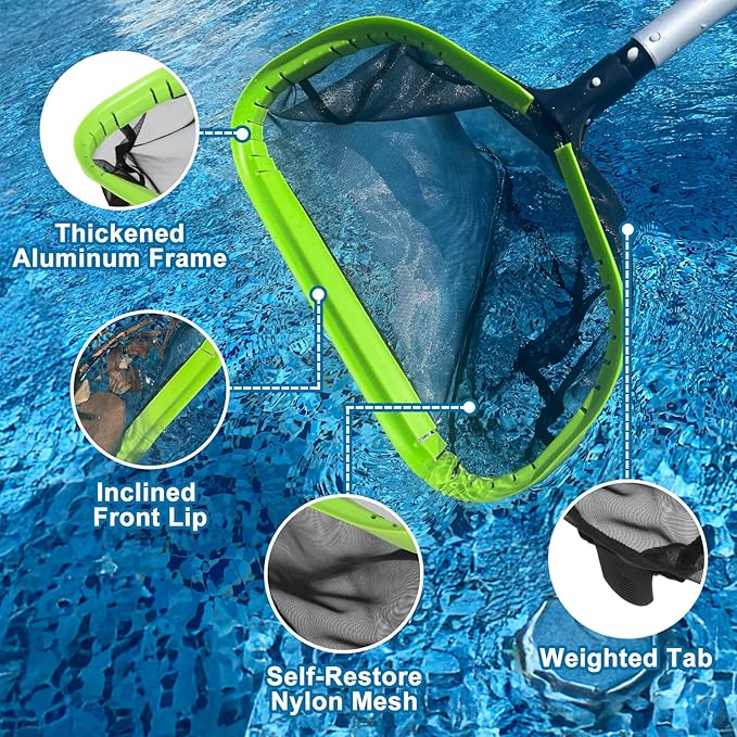 Deluxe Swimming Pool Cleaning Kit Including Professional Leaf Skimmer Net, 17.5" Pool Brush Head,Scrub Brush and 10.5 FT Pole
