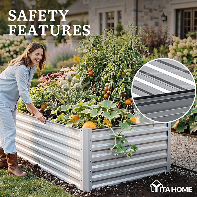 YITAHOME 8x4x2ft 2pcs Large Raised Garden Bed, Galvanized Metal Planter Box with Gloves, Ground Nails, Support Rod & Safety Rubber, Outdoor Above Ground Planters for Plants Vegetables Flowers, Silver