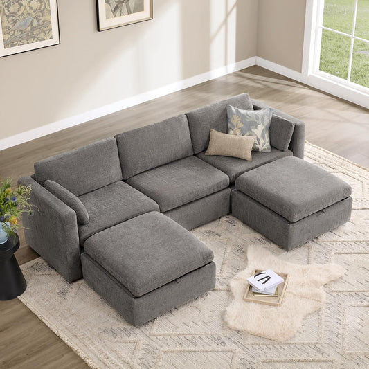 CHITA Oversized Modular Cloud Sectional Fabric Sofa Set, FSC Certified U Shaped Couch Reversible Chaise Modular Sectional Couch, 112 inch Width,5 Seat Modular Sofa Includes 2 Storage Ottomans, Grey