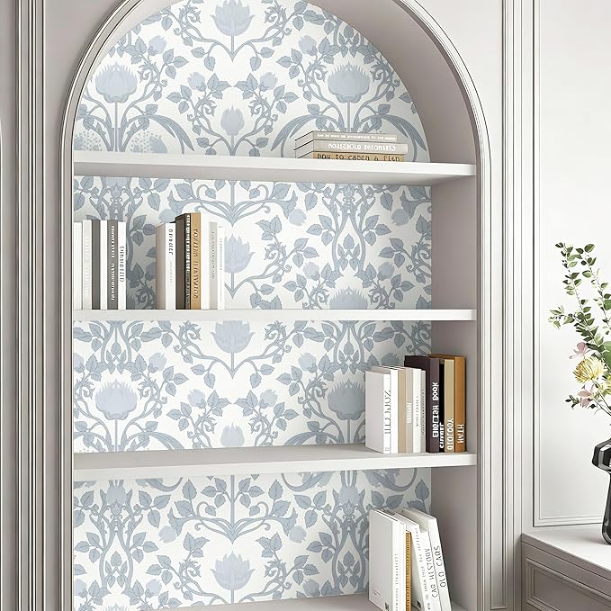 YXTII 17.3" × 393.7" Blue Floral Peel and Stick Wallpaper, Damask Vintage