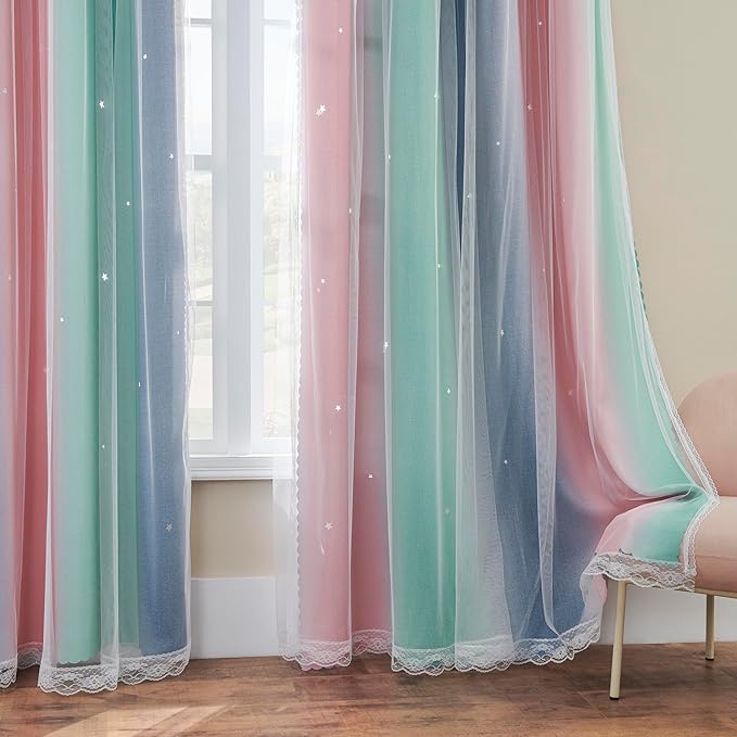 XiDi Pink Grey Girls Curtains for Bedroom, Childs Room Wall Decor Curtain