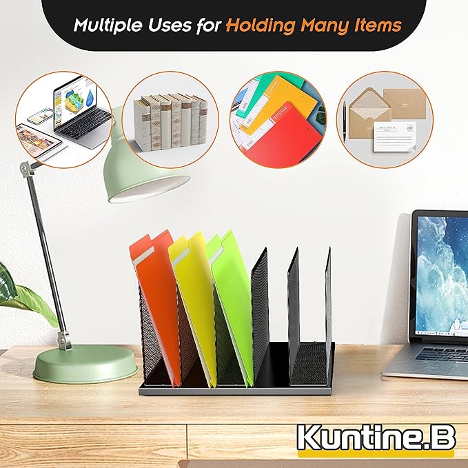 Kuntine.B Desk File Organizer 5 Sections Upright Mesh Desktop Organizer File Sorter Office Organization File Holder for Home, Office & Classroom
