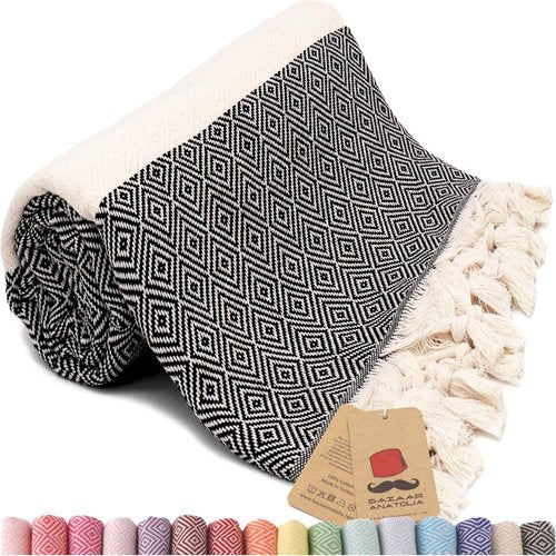 Bazaar Anatolia Turkish Beach Towel - 100% Cotton, Quick-Dry & Lightweight - Oversized 71x39 inches | Diamond Black
