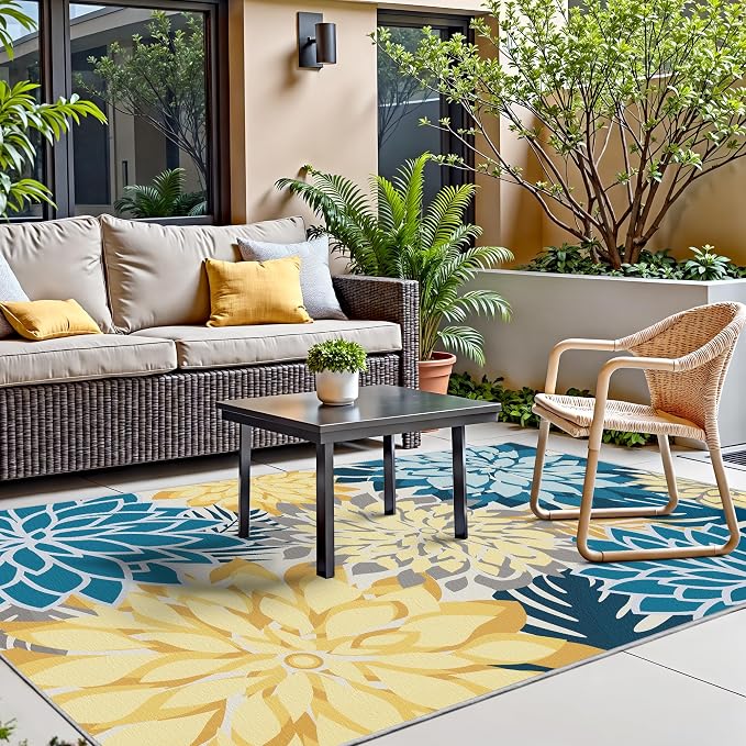Colorful 9x12 Outdoor Area Rug Washable Multicolored Patio Rug Tropical Botanical Floral Chenille Waterproof Outdoor Carpet Non-Slip for Deck, Backyard, Porch, Ocean Dahlia