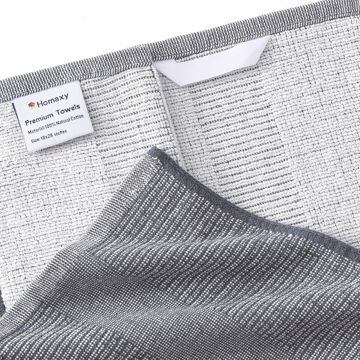 Homaxy Premium Kitchen Towels(18”x 28”, 12 Pack), Large Cotton Kitchen Hand Towels, Flat and Terry Dish Towels, 380 GSM Highly Absorbent Tea Towel Set with Hanging Loop, Grey/Khaki/Black