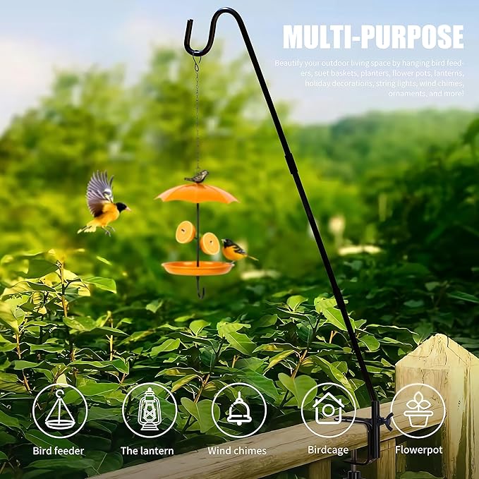Juegoal 2 Pack Heavy Duty Deck Hook with 2 Inch Non Slip Clamp, 25 or 36 Inch Extended Reach Deck Hook, Adjustable Rail Pole Plant Bracket for Hanging Bird Feeder, Suet Baskets, Lanterns, Wind Chimes