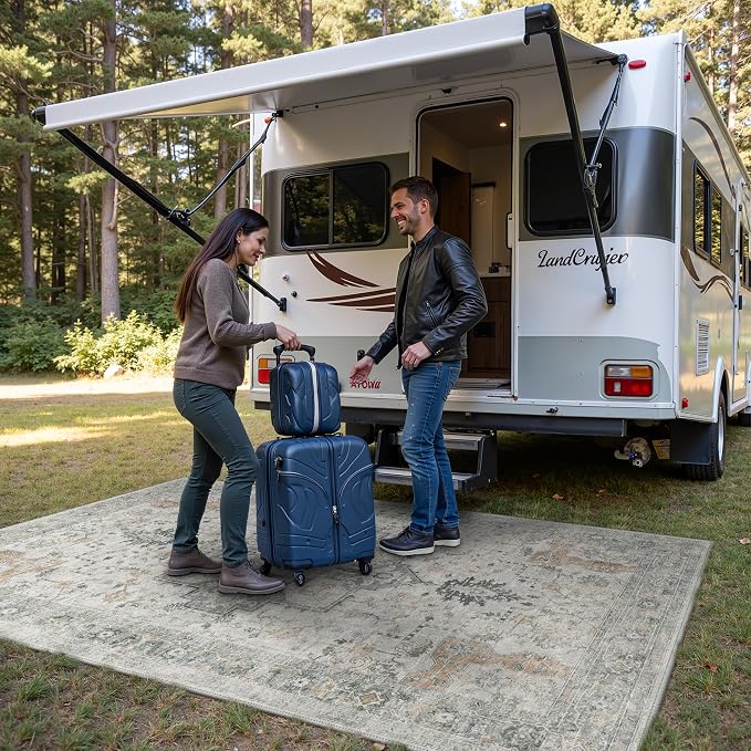 GENIMO Outdoor & Indoor Area Rug 5'x8', Waterproof, Non-Shedding, Easy Cleaning, Boho Mat for Patio, Living Room, Balcony, Dining Room, RV, Deck, Bedroom, Camping, Outside Carpet,Light Grey Brown