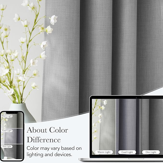 NICETOWN Light Grey Faux Linen Room Darkening Rod Pocket Curtains 63 inch Length