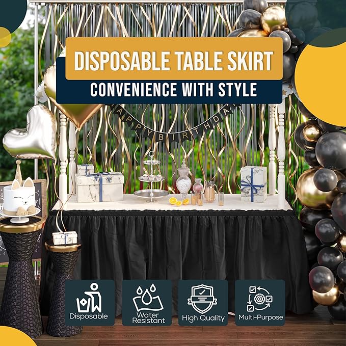 Exquisite Ruffle Table Skirt Black 2 Pack 14 Ft Long Table Skirts for Rectangle Tables 6ft Plus or Round Tables Skirts with Adhesive Strip for Gender Reveal Decor & Happy Birthday Parties