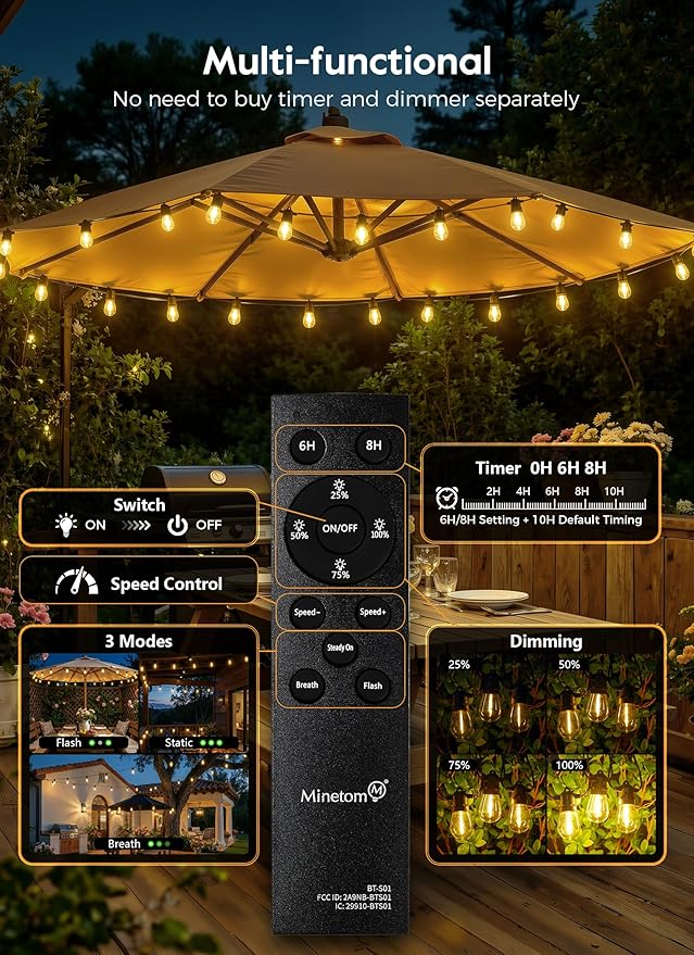 Minetom 58FT Solar String Lights Outdoor Waterproof, 17 LED S14 Shatterproof Bulb, Patio Lights with Remote Type-C Port Timable, 3 Light Modes Dimmable Solar String Lights for Outside, Yard, Camping