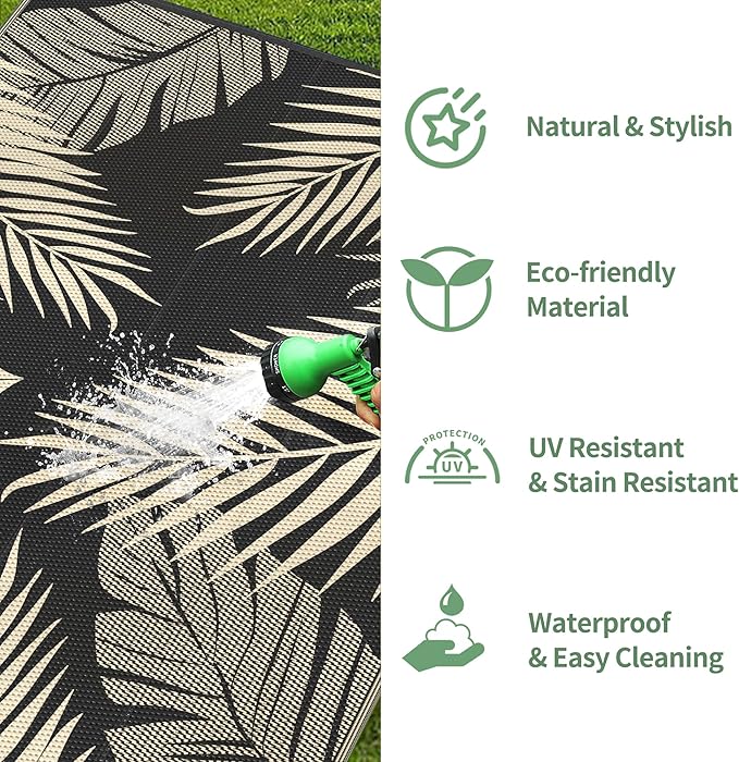 GENIMO Outdoor Rug 5' x 8' Waterproof for Patios Clearance, Reversible Outdoor Plastic Straw Camping Rug Carpet, Large Area Rugs Mats for RV, Picnic, Backyard, Deck, Balcony, Porch, Beach, Black&Beige