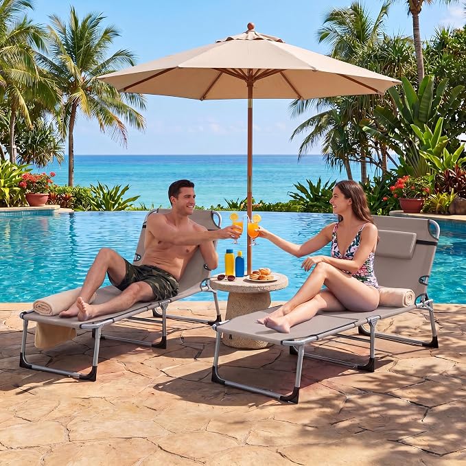 Giantex 2-Pack Tanning Chair with 5 Adjustable Position, Face & Arm Hole, Hand/Shoulder Strap, Removable Pillow, Side Pocket, 330 Lbs Capacity, Lounge Chair Outdoor for Beach Sunbathing, Beige