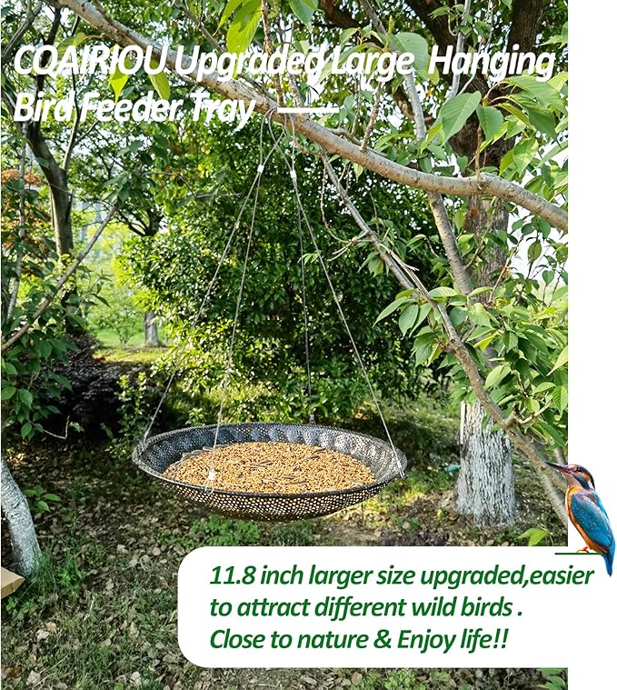 CQAIRIOU Upgraded Hanging Bird Feeder Tray (2 Sets),11.8” Stainless Steel Large Platform Open Bird Seed Tray for Outside Wild Birds