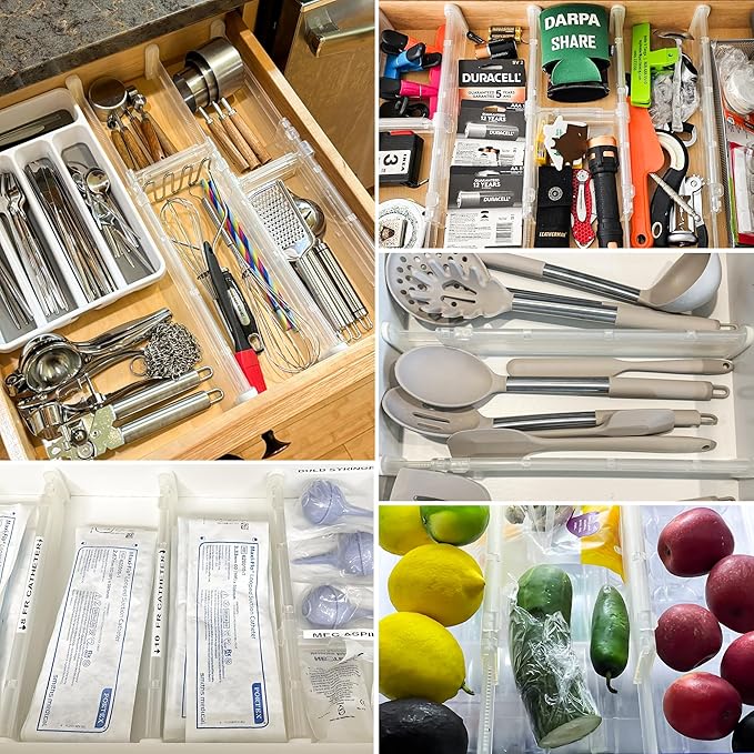 HiYZ Expandable Drawer Dividers - 12.6-22.8'' Adjustable Drawers Organizers for Kitchen Utensils, Drawer Separators in Bedroom, Dresser, Office, Bathroom, Fridge, 8 Pack Long Dividers-Clear