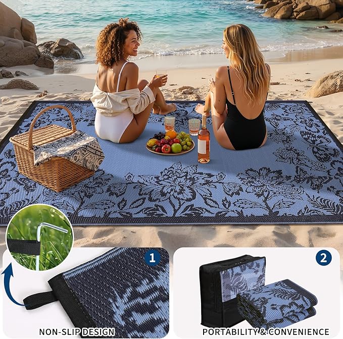 Garvee Outdoor Rugs 9' x 12’ Waterproof Reversible Mats, Large Area Plastic Straw Rug, Outside Carpet, Butterfly Floral Rv Mat for Patio Camping Picnic Backyard Deck Balcony Porch Beach Trailer