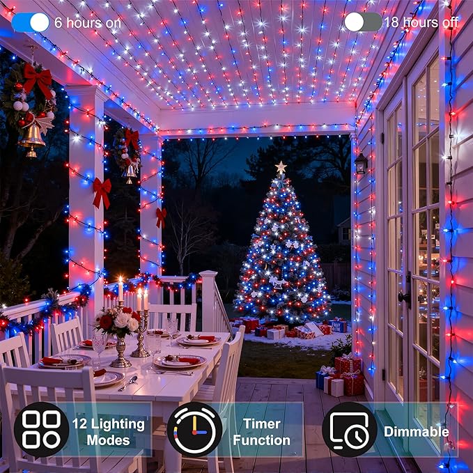 350LED Christmas Lights Indoor Outdoor, 90ft 12 Modes Red Blue and White LED String Lights with Timer Dimmable, Waterproof Tree Lights for Xmas Patio Yard Fence Bedroom Wedding Garden Decor