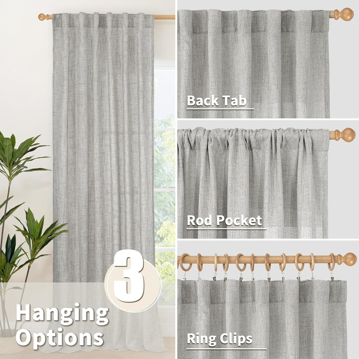 YoungsTex Dark Grey Linen Curtains 63 Inch Length for Living Room, Light Filtering Semi Sheer Drapes Back Tab Rod Pocket for Bedroom Office Lightweight Window Treatments, 42 X 63 Inch, 2 Panels