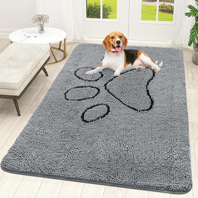 OLANLY Dog Door Mat for Muddy Paws 70x46, Paw Print Design, Absorbs Moisture and Dirt, Absorbent Non-Slip Washable Doormat, Quick Dry Chenille Mud Mat for Dogs, Entry Indoor Entryway Carpet, Grey