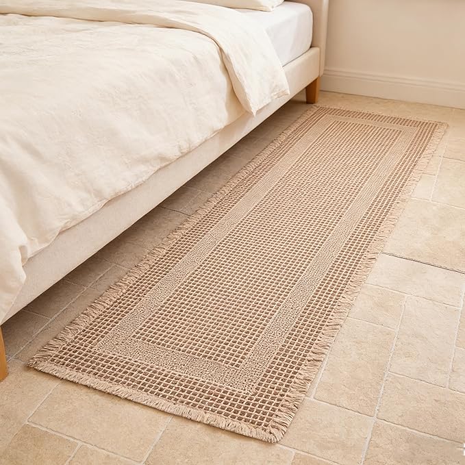 Waffle Runner Rug Non Slip, Boho Bath Mat, Super Absorbent Quick Dry Long Bath Runner Bathroom, Soft Farmhouse Bath Rug with Tassels, Washable Shower Mats for Floor 24"x72", Square Brown