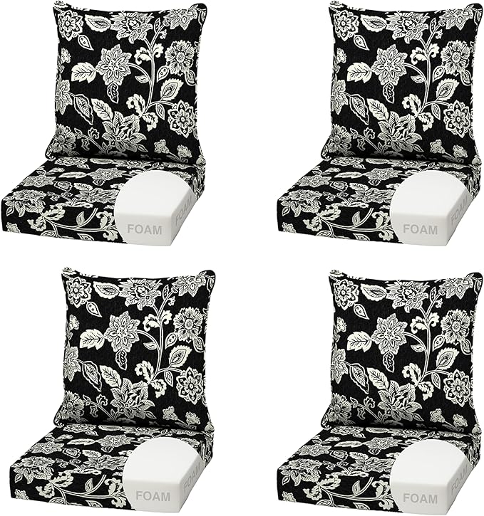 Arden Outdoor Foam Deep Seat Cushion (4-Pack), 22x24, Premium High-Density Foam, Never Flattens, Weather-Proof for Patio Chair Sofa Couch, Ashland Black Jacobean