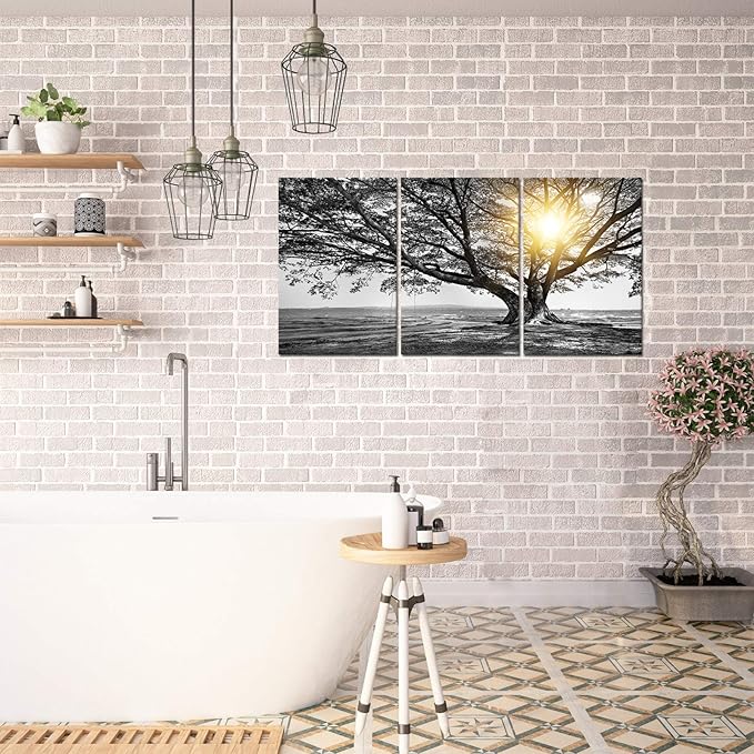 Biuteawal 3 Piece Wall Art Black White Tree at Warm Sunrise Landscape Picture Photo Canvas Prints Nature Tree of Life Painting for Home Office Living Room Decor Stretched and Framed Ready to Hang