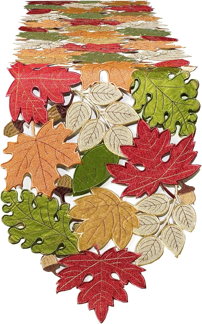 KEVA Fall Table Runner 108inches Long, Thanksgiving Harvest Cutwork Embroidered Table Runner 13in x 108in, Autumn Maple Leaves Table Decoration for Home Dining Kitchen Table