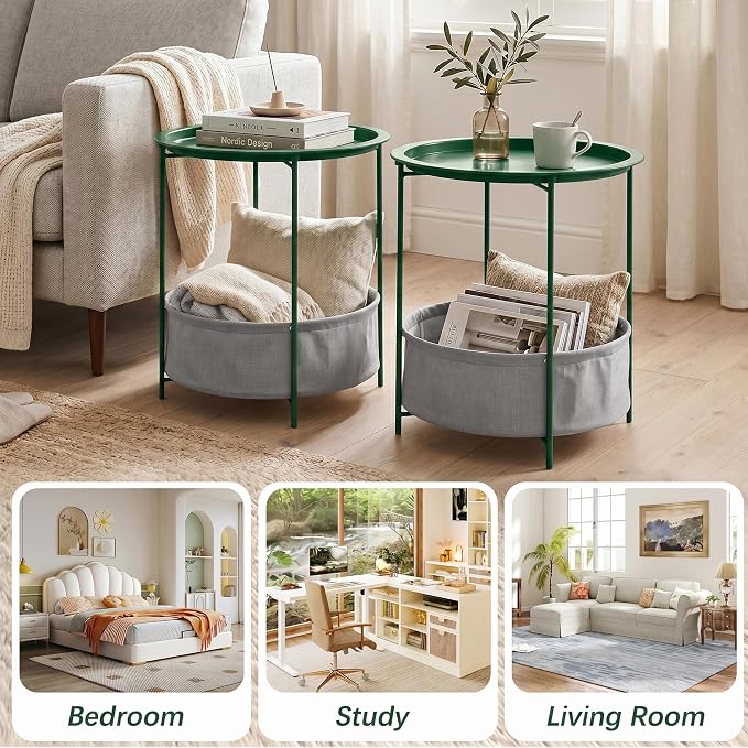 VECELO Round Side/End Table with Fabric Storage Basket，Metal Anti-Rust and Waterproof Small Bedside Nightstand with Removable Tray Top for Living Room，Balcony & Laundry，Dark Green /2pcs with Basket