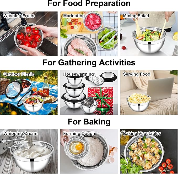 E-far Mixing Bowls Set of 5, Stainless Steel Salad Mixing Bowl with Transparent Lid, Metal Nesting Bowl Attach with 3 Graters for Kitchen Prepping/Serving/Baking/Storage, 4.6/2.6/1.5/1/0.7 QT - Black