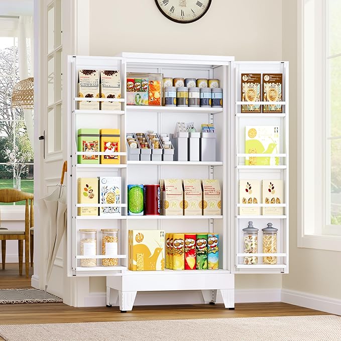 Metal Kitchen Pantry Cabinet, Storage Cabinets with 2 Door and 3 Adjustable Shelves, White Freestanding Food Storage Cabinet, Steel Cupboard for Kitchen Dinning Room