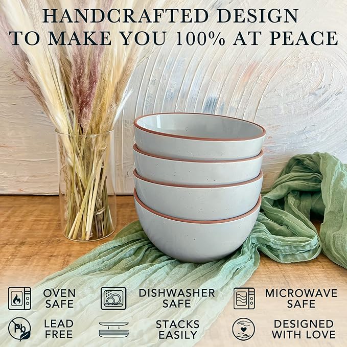 Mora Ceramic Bowls For Kitchen, 28oz - Bowl Set of 4 - For Cereal, Salad, Pasta, Soup, Dessert, Serving etc - Dishwasher, Microwave, and Oven Safe - For Breakfast, Lunch and Dinner - Vanilla & Grey