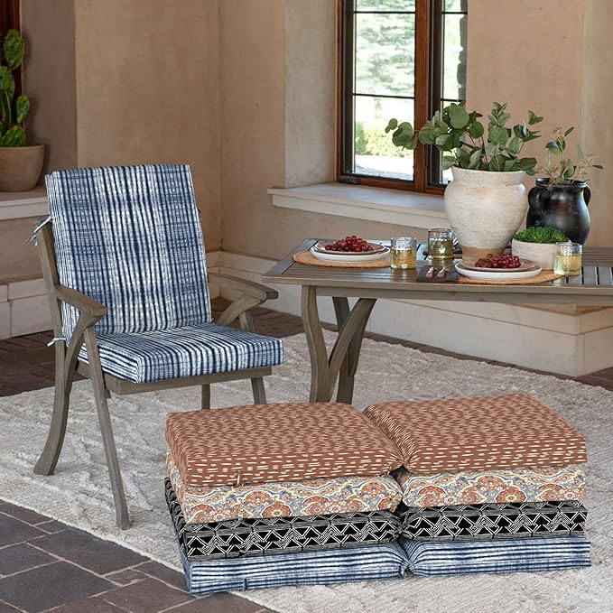 Arden 4-Pack Outdoor Patio Dining Chair Cushion, 20x44, Rain-Proof Seat Pad, Fade-Resistant Outdoor Cushion Blue Shibori Stripe