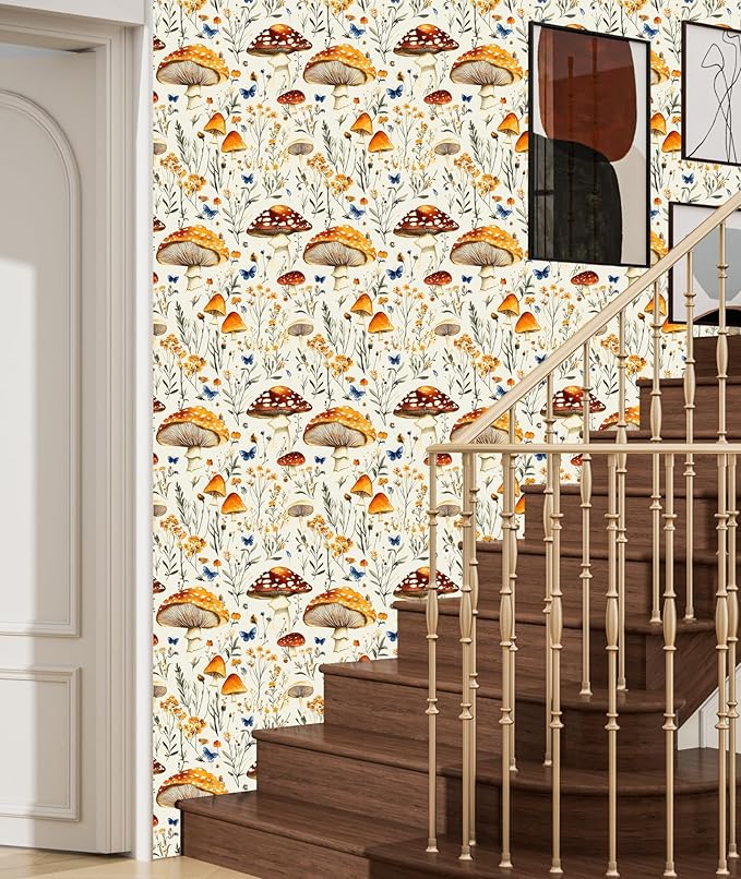 BOKEBEVE Mushroom Peel and Stick Wallpaper Beige Colorful Floral Contact Paper