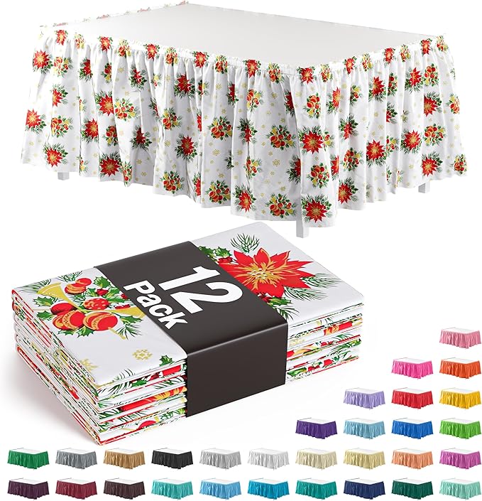 Exquisite Ruffle Table Skirt Holiday 12 Pack 14 Ft Long Table Skirts for Rectangle Tables 6ft Plus or Round Tables Skirts with Adhesive Strip for Gender Reveal Decor & Happy Birthday Parties