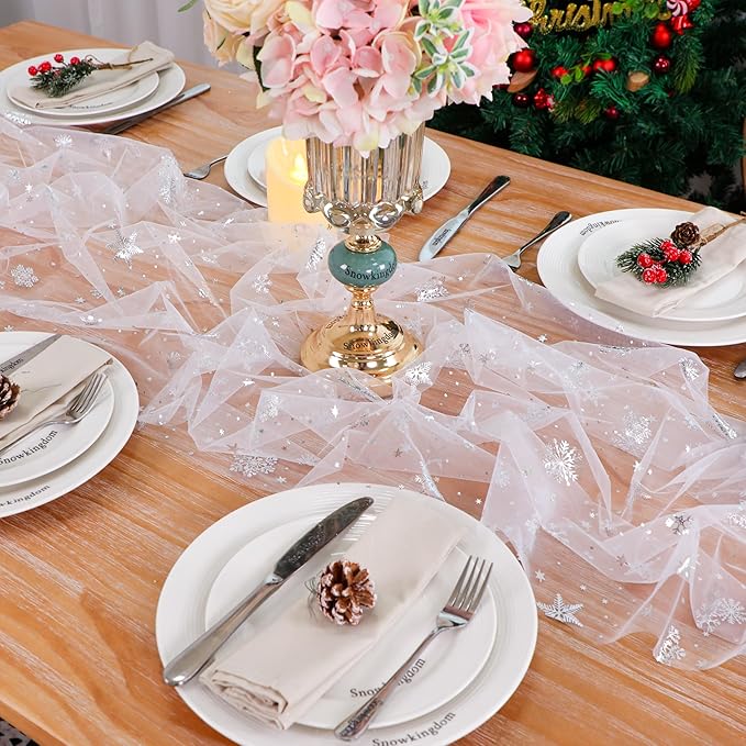 Snowkingdom Silver White Snowflake Table Runner 10 FT Christmas Sheer Chiffon Gauze Cheesecloth Runner, 120 Inch Winter Sparkly Sequin Party Dining Table Decorations for Christmas Holiday New Year