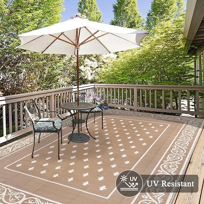 Pauwer Waterproof Outdoor Rug 6x9, Reversible Plastic Straw Patio Camping Rug, Indoor Outdoor RV Mat Carpet for Deck, Camper, Porch, Balcony, Backyard, Picnic, Bordered Beige