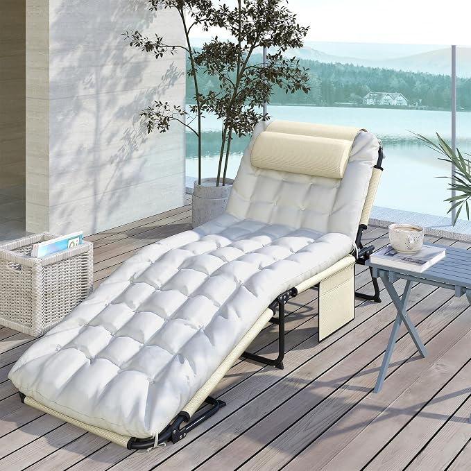 Outsunny Folding Chaise Lounge with 4-Level Reclining Back, Outdoor Tanning Chair with Cushion, Outdoor Lounge Chair with Breathable Mesh Fabric, Side Pocket, Headrest, Beige