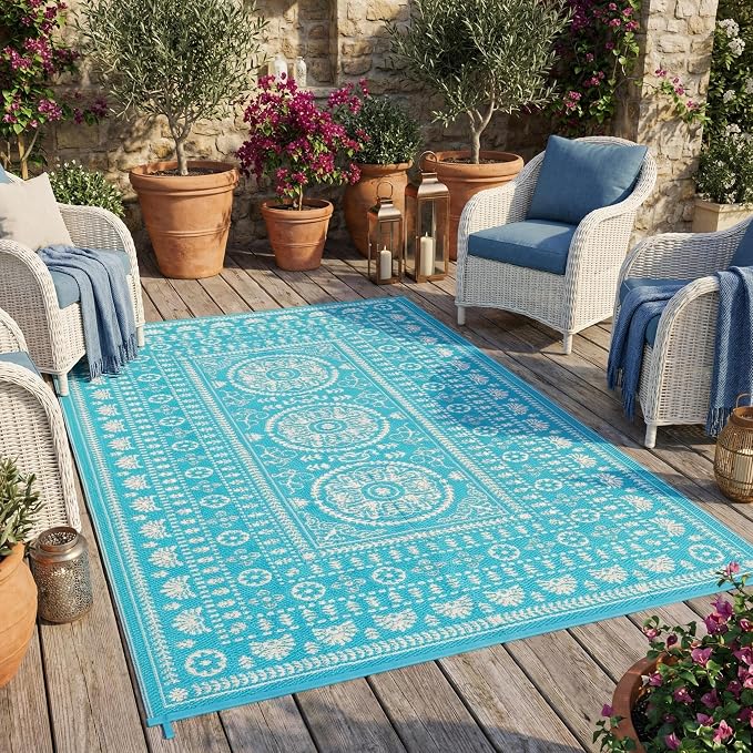 Garvee Reversible Outdoor Rug 5x8 for Patio, Waterproof Outdoor Area Rug, Boho Medallion Indoor Outdoor Carpet for Porch, Plastic Straw Rug for RV, Camping, Deck, Blue and White