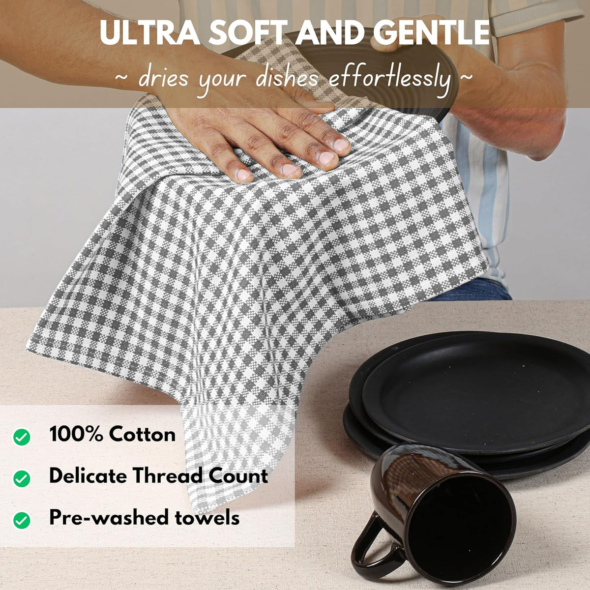 Native Fab Gingham Kitchen Towels 6 Pack, 100% Cotton 16x26 Inch, Absorbent & Washable Tea Towels, Soft Dish Cloths with Hanging Loop for Drying & Cleaning, Grey White