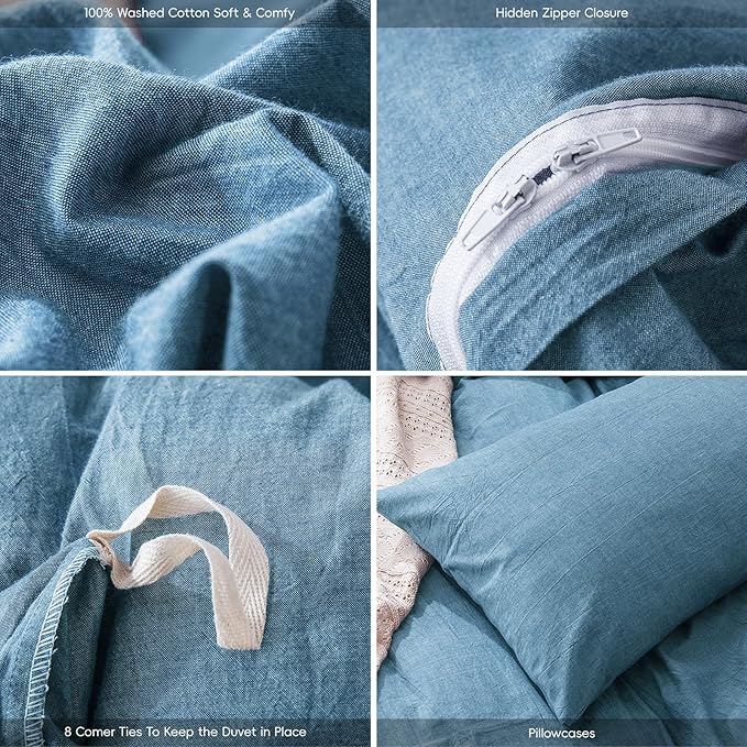 MooMee Bedding Duvet Cover Set 100% Washed Cotton Linen Like Textured Breathable Durable Soft Comfy (Heathered Peacock Blue, Twin 68"x90")
