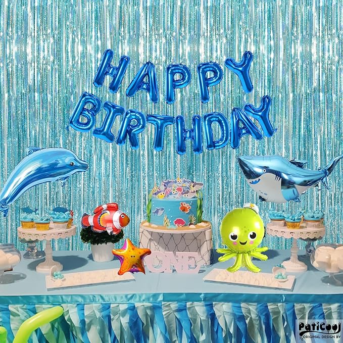 Thicken Blue Streamers 2 Pack 3.2 x 8.2 FT, Light Blue Birthday Decrorations Tinsel Backdrop Curtains, Foil Fringe Photo Backdrop for Baby Shower, Frozen, Under The Sea Party Decorations
