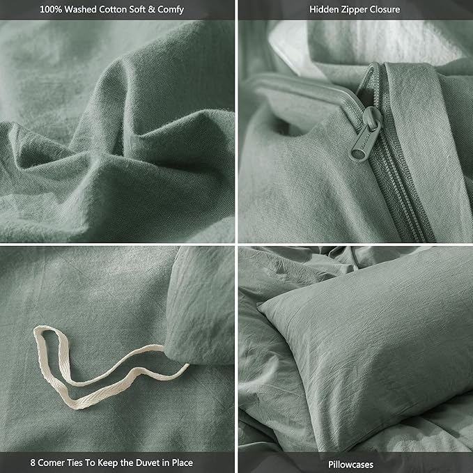 MooMee Bedding Duvet Cover Set 100% Washed Cotton Linen Like Textured Breathable Durable Soft Comfy (Heathered Green, King 104"x90")