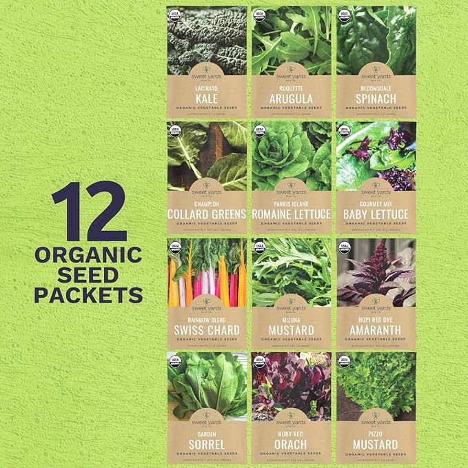Organic Healthy Greens Seeds Variety Pack - 12 Individual Packs - 2026 Season - Arugula, Kale, Swiss Chard, Spinach, Mustard & More! for Indoor & Outdoor Planting (Non-GMO, Certified Organic)