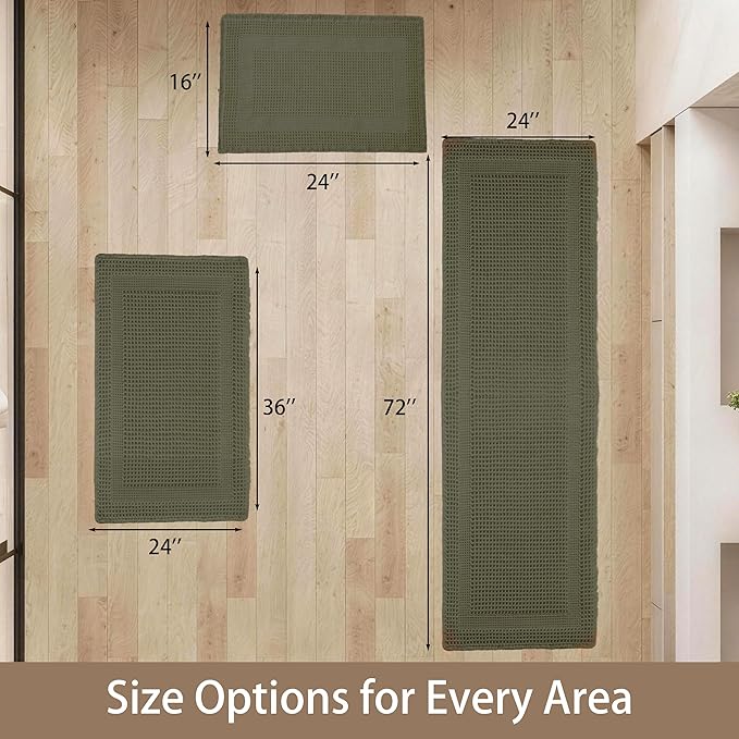 Waffle Bath Mat Non Slip, Boho Bathroom Rug, Super Absorbent Quick Dry Bathroom Mat, Soft Farmhouse Bath Rug with Tassels, Small Washable Shower Mats for Floor 16"x24", Square Olive Green