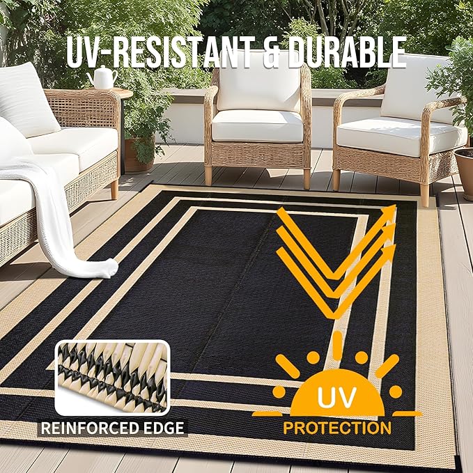 OLANLY Outdoor Rug 8x10 ft Waterproof, Reversible Outdoor Plastic Straw Rug, RV Mat, Indoor Outdoor Carpet Clearance for Patio, Camping, Balcony, Deck, Backyard, Black & Beige