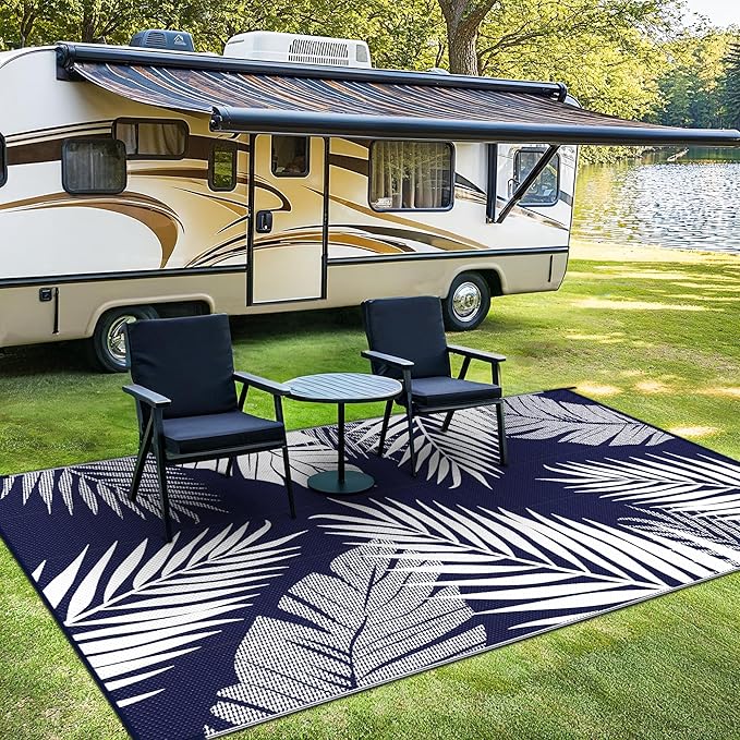 Outdoor Rug 8’x10’ Waterproof for Patio Clearance, Reversible Indoor Outdoor Plastic Straw Camping Rug Carpet, RV Mat, Large Area Rug for Deck, Backyard, Balcony, Porch, Beach, Blue & White