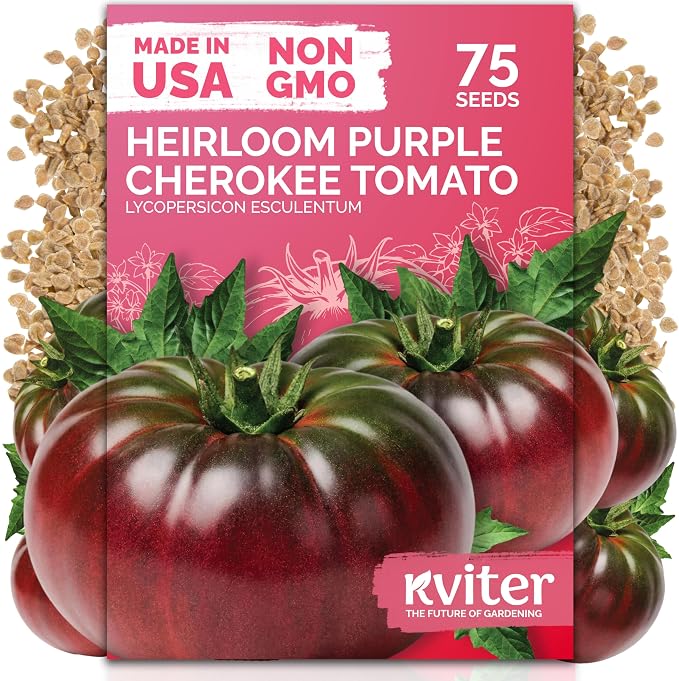 KVITER 75 Cherokee Purple Tomato Seeds (Lycopersicon Esculentum) – Cherokee Purple Heirloom Seed Packets, Sweet Tomatos, Open-Pollinated, Non GMO Seed - Vegetable Seeds for Indoor/Outdoor Garden