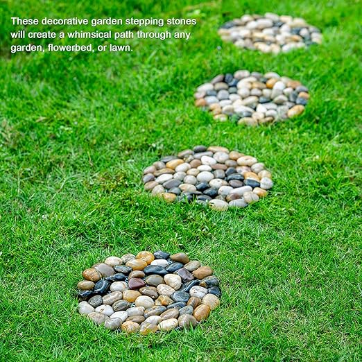 Natural River Rock Stepping Stones for Garden Walkway - Round Pebble Paver Mats with Mesh Backing - Decorative Outdoor Pathway Stones for Lawn, Backyard, Patio, and Landscaping (6 Pack, 9 Inch)
