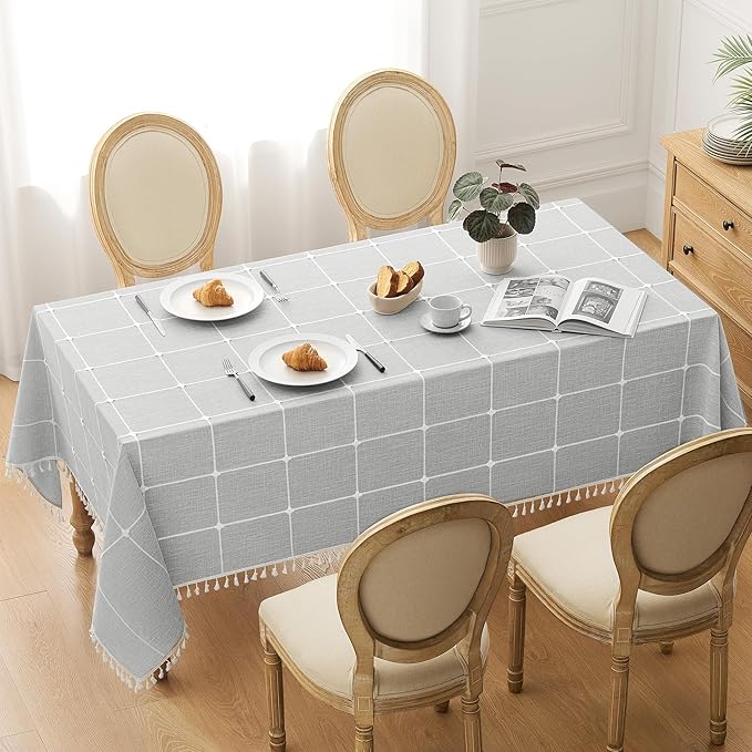 puredown® Plaid Rectangle Tablecloth, Waterproof Cotton Linen Tablecloth with Tassel, Rustic Farmhouse Table Cloths for Kitchen Dining Outdoor, 55"x120",10-12 Seats, Gray