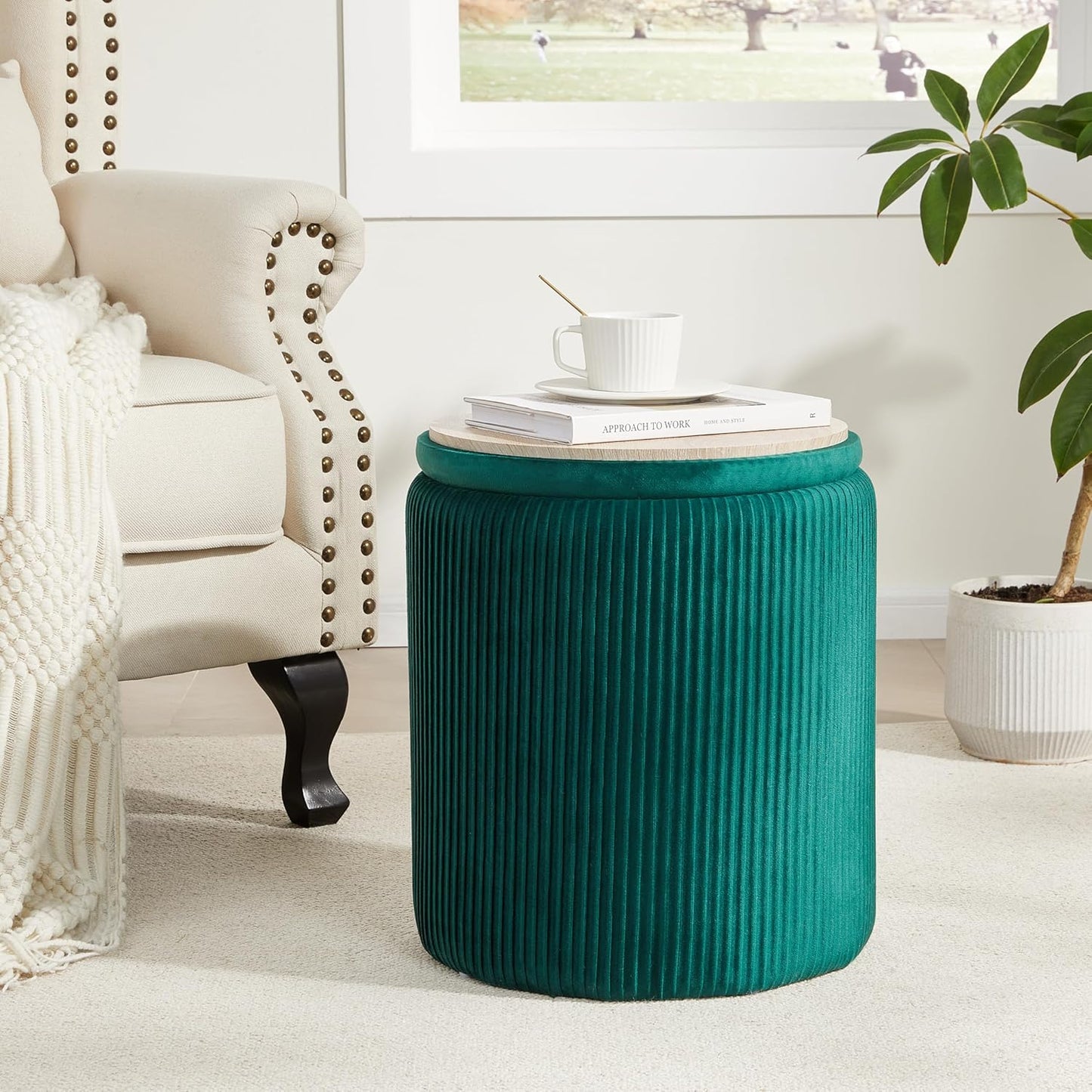 Royal Windsor Round Ottoman with Storage Set of 2,Vanity Stool with Storage for Bedroom, Ottoman Coffee Table, Small Velvet Foot Stool for Living Room, Green