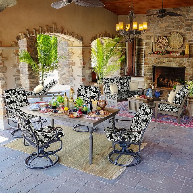 Arden 4-Pack Outdoor Patio Dining Chair Cushion, 20x44, Rain-Proof Seat Pad, Fade-Resistant Outdoor Cushion Ashland Black Jacobean